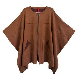 IC Collection Faux Suede Poncho Jacket Brown Medium Full Zip Classic Minimalist